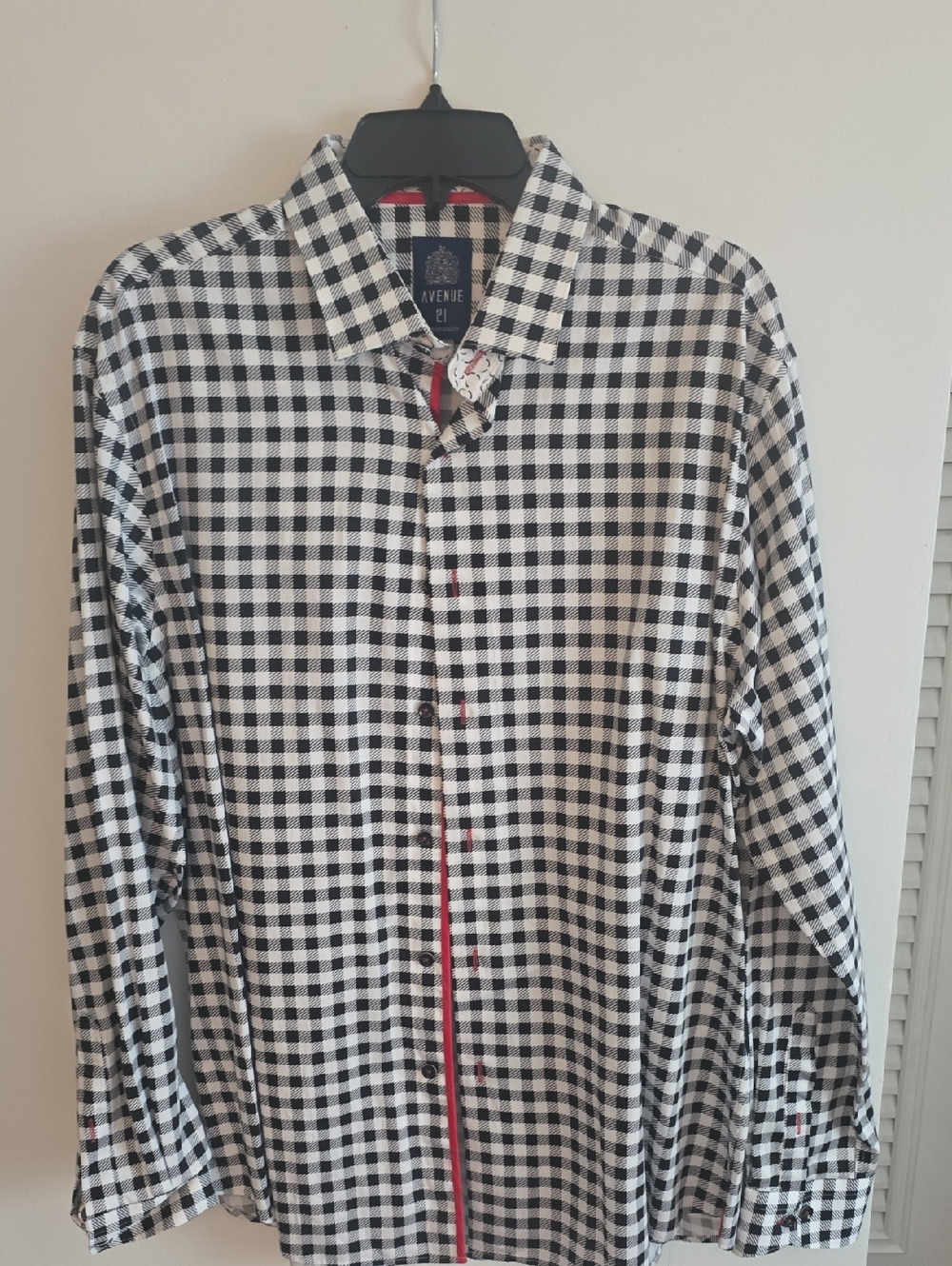 Avenue Black & White Gingham Shirt with Red Trim